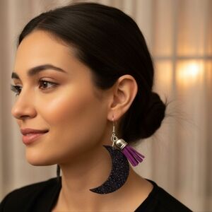 ARTISAN & HANDCRAFTED 2" Wood Crecent Moon Dangle Pierced Earrings W/ Tassles